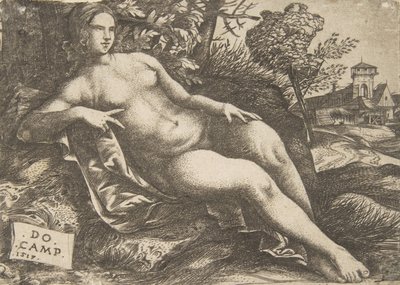Nackte Frau Venus in einer Landschaft liegend, 1517 von Domenico Campagnola