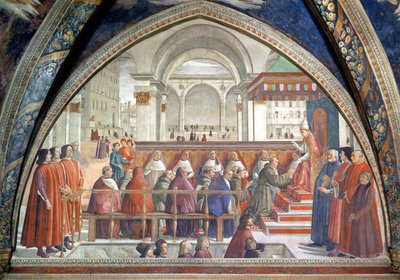 Der heilige Franziskus erhält die Regel des Ordens von Papst Honorius, Szene aus einem Zyklus des Lebens des heiligen Franziskus von Assisi, 1486 von Domenico Ghirlandaio