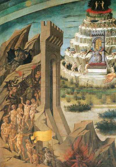 Figuren der Verdammten, Detail (aus der Göttlichen Komödie), Fresko von Domenico di Michelino, Kathedrale Santa Maria del Fiore, Florenz, Italien von Domenico di Michelino
