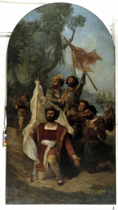 Der Navigator Christoph Kolumbus (Cristoforo Colombo, Cristobal Colon) (1451-1506) bei seiner Ankunft in der Neuen Welt im Jahr 1492 von Dominique Magaud