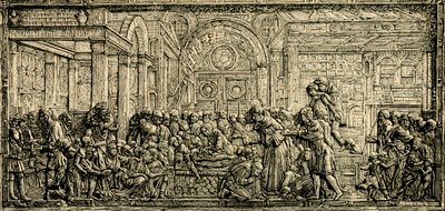 Wunder des habgierigen Herzens, Altar des Heiligen Antonius, Bronze-Relief von Donatello, Basilika des Heiligen Antonius von Padua, Padua, Venetien, Italien, Holzschnitt aus Le cento città d