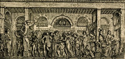 Wunder des sprechenden Neugeborenen, Altar des Heiligen Antonius, Bronze-Relief von Donatello, Basilika des Heiligen Antonius von Padua, Padua, Venetien, Italien, Holzschnitt aus Le cento città d