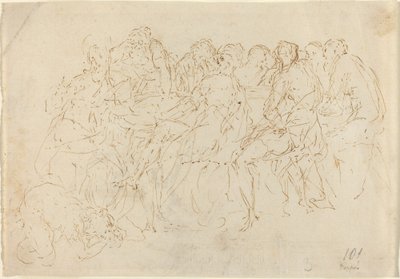 Maria Magdalena wäscht die Füße Christi, acht Jünger schauen zu [recto] von Donato Creti