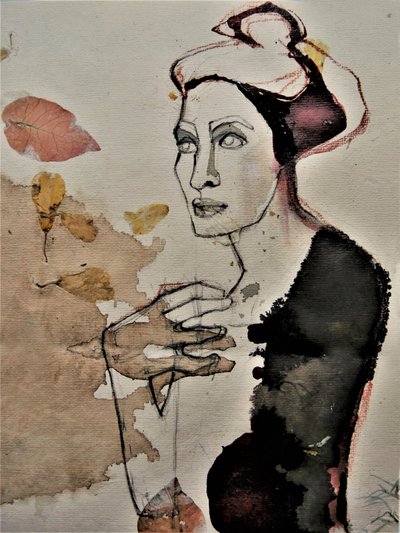 Nachdenkliche Frau mit Blättern von Doris Schmitz