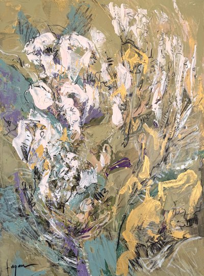 Abstrakte grün-goldene Blumen von Dorothy Fagan