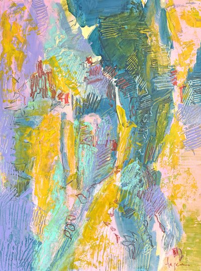 Lebhaftes gelb-blaues Abstrakt von Dorothy Fagan