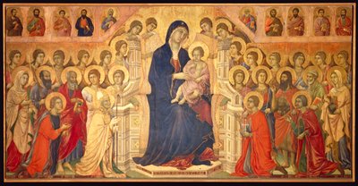 Thronende Jungfrau mit Kind, umgeben von Engeln und Heiligen, zentrales Panel der Maestà von Duccio di Buoninsegna