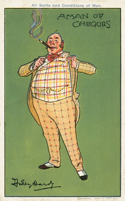 Ein Mann der Schecks: ein dicker wohlhabender Mann in einem karierten Anzug (Chromolithografie) von Dudley Hardy