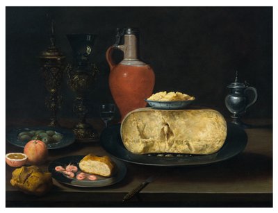 Stillleben mit Käse, Butter, Brot, Garnelen, Orangen, Oliven und Wein auf einem Tisch von Dutch School