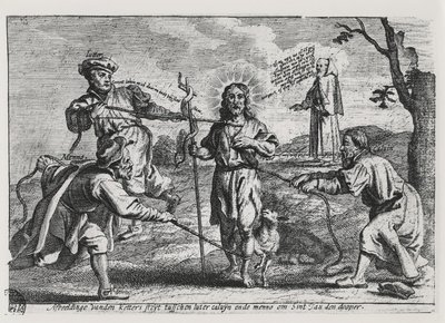 Karikatur von Luther, Calvin und Menno Simons, die Christus und seine Lehre diskutieren von Dutch School