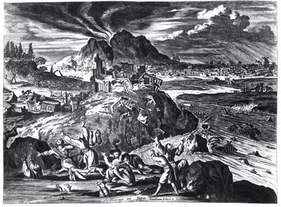 Erdbeben in Edo (Tokio) im Jahr 1659, Illustration aus dem Bericht von Arnold Montanus über die Botschaften der Niederländischen Ostindien-Kompanie an den Kaiser von Japan, veröffentlicht in Amsterdam 1669 von Dutch School