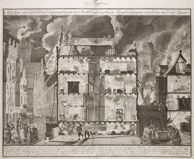 Illustration, die zeigt, wie neue lange Feuerwehrschläuche alle Teile eines Gebäudes erreichen können, aus einem Buch über die Brandbekämpfung in Holland, veröffentlicht um 1700 von Dutch School