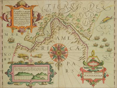 Karte der Magellanstraße, Patagonien, aus dem Mercator-Atlas veröffentlicht von Jodocus Hondius (1563-1612) Amsterdam, 1606 von Dutch School