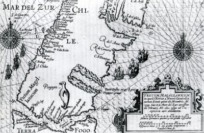 Karte der Magellanstraße, Platte aus Oliver van Noorts Beschreibung seiner Reise, 1602 von Dutch School