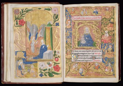 Ms 144, ff.13v-14r: Die Verkündigung und die Jungfrau mit Kind, Miniaturen aus einem Stundenbuch, Gebrauch von Utrecht, ca. 1500-20 von Dutch School