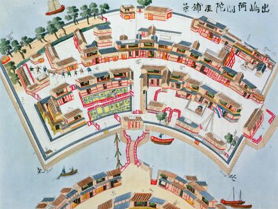 Plan der niederländischen Fabrik auf der Insel Desima in Nagasaki, aus Illustrationen von Japan von Isaac Titsingh, veröffentlicht in London, 1822 von Dutch School