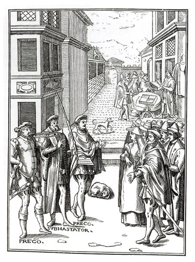 Verkauf durch den Stadtschreier, nach einem Holzschnitt in Praxis Rerum Civilium von Joos de Damhouder (1507-81) veröffentlicht in Antwerpen, 1557 von Dutch School