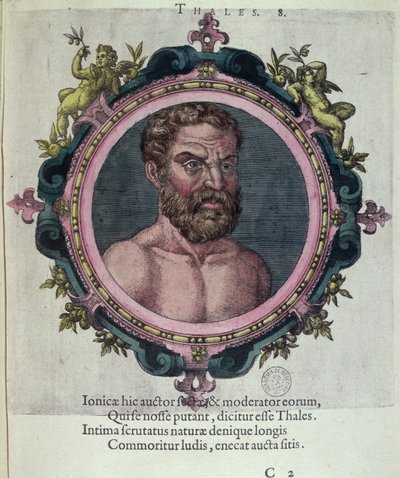 Thales von Milet (ca. 625-547 v. Chr.), Illustration aus Veterum et Recentium Medicorum Philosophorumque Icones von Johannes Sambucus (1531-1584), veröffentlicht von Plantin in Antwerpen 1574 (Farbstich) von Dutch School