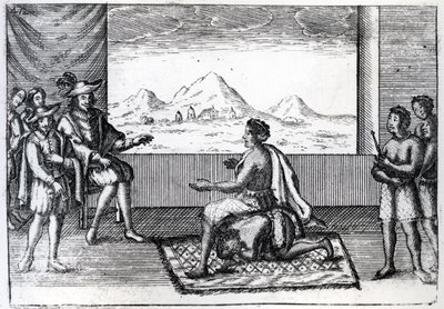 Das Treffen von Königin Nzinga von Ndongo und Joao Correia de Sousa, dem portugiesischen Gouverneur von Luanda im Jahr 1622 von Dutch School