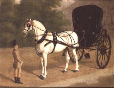 Ein graues Pferd und Cabriolet mit Kutscher von E.M. Fox