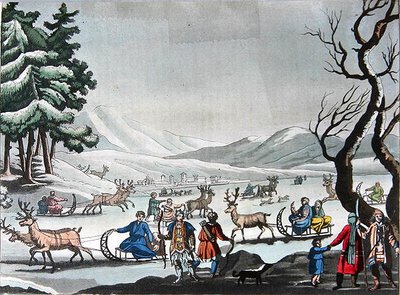 Tungusen verlassen ihr Winterlager auf von Rentieren gezogenen Schlitten, ca. 1820 von E. (after) Karnejeff