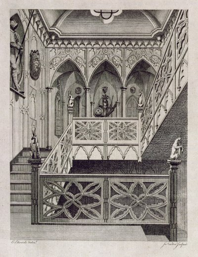 Treppe in Strawberry Hill, graviert von J. Newton, aus 