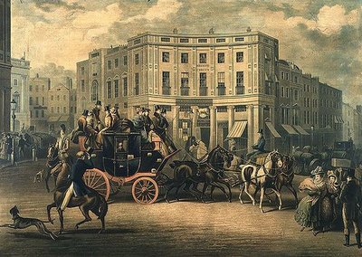 "The Age" Brighton Coach am Bull and Mouth, Regent Circus (Gravur) von E. F. Lambert