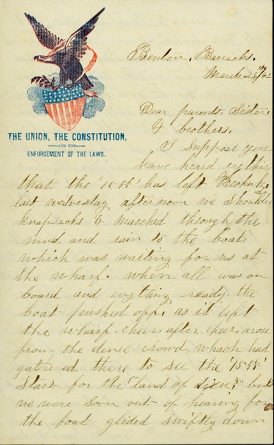 Brief unterzeichnet von E.G. Black, Benton Barracks, Mo., an seine Eltern, Schwester und Brüder, 28. März 1862 von E. G. Black