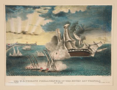 Die US-Fregatte Philadelphia auf den Felsen vor Tripolis (Aus dem U.S. Military Magazine Army and Navy, Vol. II) von E. J. Pinkerton