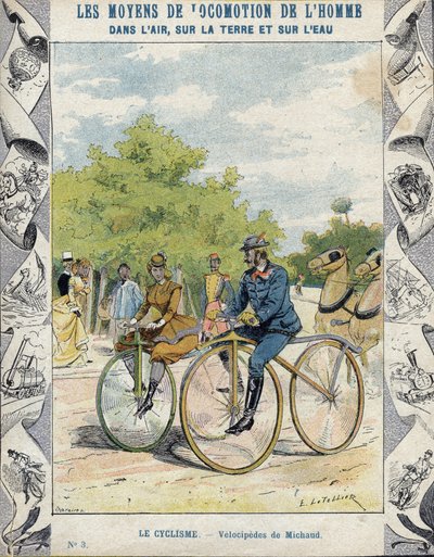 Pierre Michaux und Michaudine-Velocipedes - Aus einem Schutzumschlag für Schulbücher, Ende des 19. Jahrhunderts - Velocipedes a pedale (les michaudines) von Pierre Michaux (1813-1883) von E. Letellier