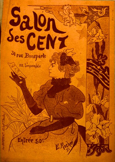 Eine Frau, die eine Einladung untersucht, Salon des Cent von E. Rocher