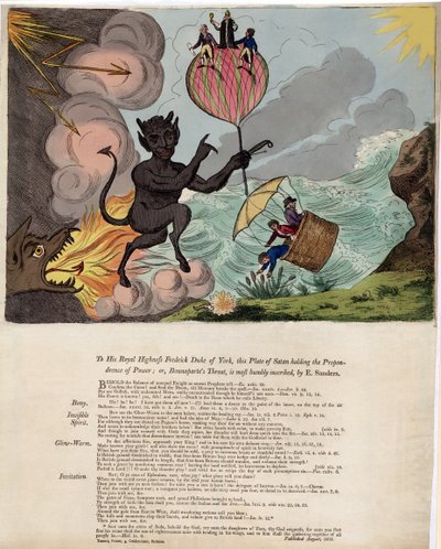 Seiner Königlichen Hoheit Friedrich Herzog von York, diese Platte von Satan, der die Übermacht hält; oder, Bounapartes Drohung, veröffentlicht 1803 von E. Sanders