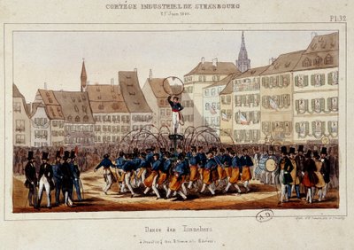 La danse des tonneliers während des industriellen Umzugs in Straßburg am 25.06.1840. Lithographie von Simon von E. Simon