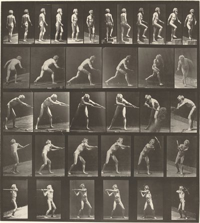 Tafel Nummer 521. A: Gehen. B: Stufe hinaufsteigen. C: Diskus werfen. D: Schaufel benutzen..., 1887 von Eadweard Muybridge