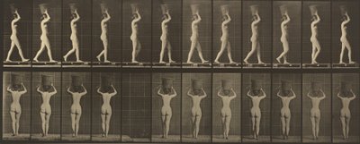 Tafel Nummer 34. Gehen und Tragen eines 15-Pfund-Korbs auf dem Kopf, Hände erhoben von Eadweard Muybridge