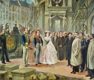 Baron Georges-Eugene Haussmann, Napoleon III und Kaiserin Eugenie besuchen die Arbeiter an der Oper von Ed. Gilis
