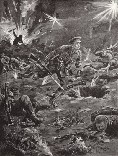 Leutnant Benjamin Geary eilt unter schwerem Granatfeuer zu einem Graben rechts von Hill 60, um Kontakt mit einem Offizier aufzunehmen, Ypern, Belgien, April 1915 von Edgar Alfred Holloway