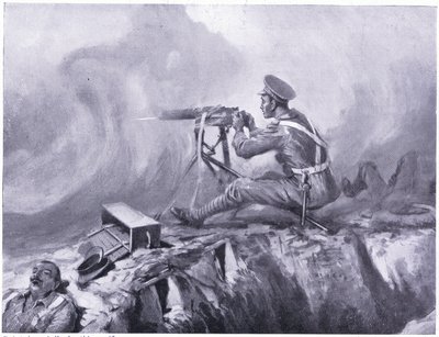 Private Lynn stirbt an Gasvergiftung, bedient ein Maschinengewehr und schlägt einen deutschen Angriff ab. Ypern April 1915 von Edgar Alfred Holloway