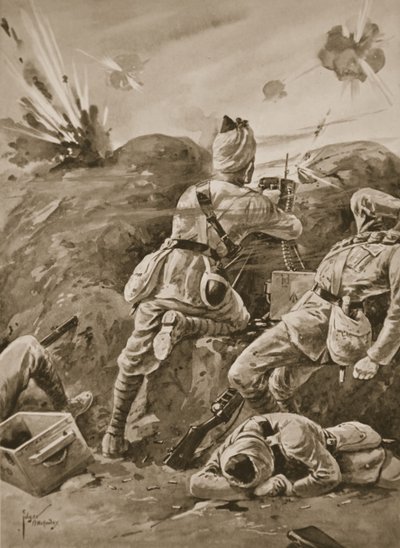 Sepoy Khudadad bedient ein Maschinengewehr, nachdem der Rest der Geschützmannschaft getötet wurde von Edgar Alfred Holloway