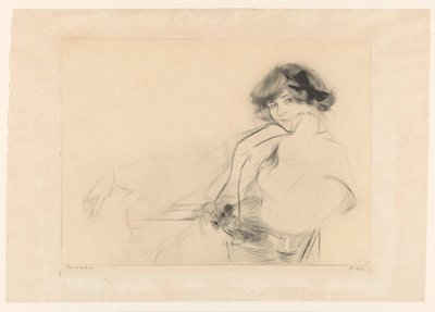 Junge Frau mit einer Schleife im Haar, die auf einem Stuhl sitzt von Edgar Chahine (signed by artist)