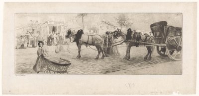 Ansicht einer Boulevard mit Pferden vor einem Wagen und einer Frau mit Kinderwagen von Edgar Chahine