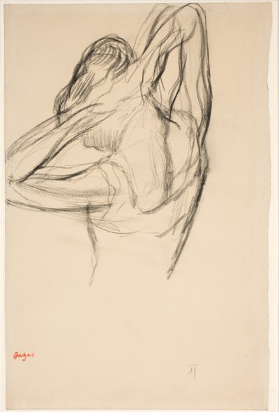 Tänzerin, die ihr Haar richtet; Halbfigur im Profil nach links, halb von hinten von Edgar Degas