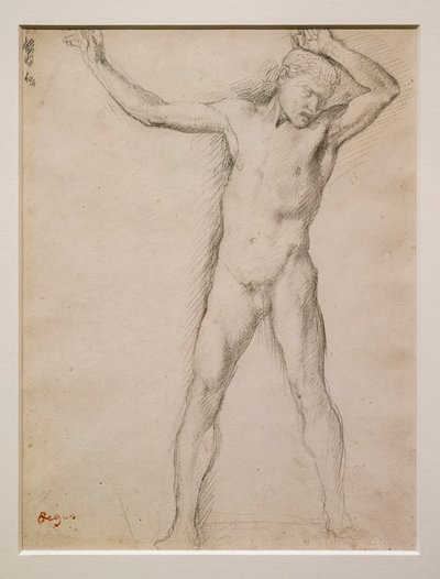 Nacktes Gesicht, Arme erhoben, ca. 1859-1861. Graphit auf Velinpapier. von Edgar Degas