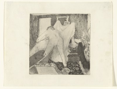Frau steigt aus dem Bad und bekommt ein Handtuch von einer Frau gereicht von Edgar Degas
