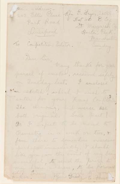Brief an einen Zeitungswettbewerbsredakteur, 1914-18 von Edgar Fryer
