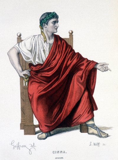 Die Figur des Augustus in der Tragödie Cinna (oder die Gnade des Augustus) - Gesamttheater: (Sammlung von Stücken von Corneille) Zeichnung von Geffroy, Gravur von L. Wolff - ed. Laplace, Sanchez et Cie, Paris 1884 von Edmond Aime Florentin Geffroy