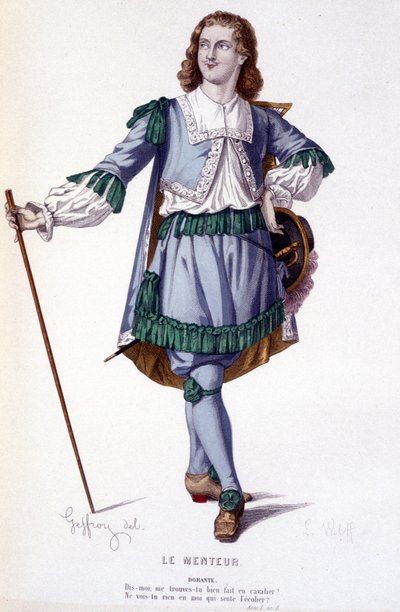 Die Figur des Dorante in der Komödie Le Menteur - Vollständiges Theater: (Sammlung von Stücken von Corneille) Zeichnung von Geffroy, Gravur von L. Wolff - ed. Laplace, Sanchez et Cie, Paris 1884 von Edmond Aime Florentin Geffroy