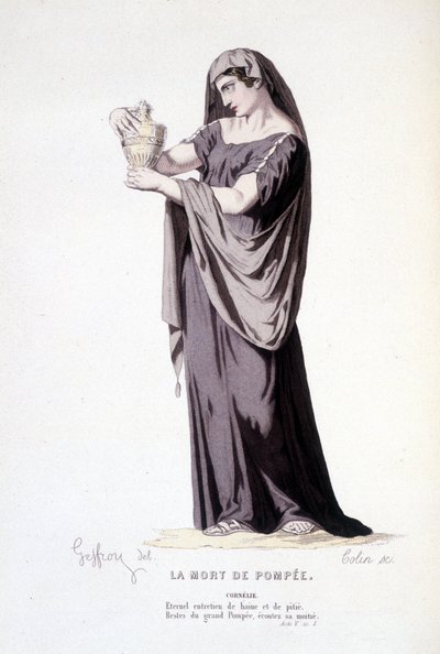 Die Figur der Cornelie im Theaterstück La mort de Pompée - Vollständiges Theater: (Sammlung von Stücken von Corneille) Zeichnung von Geffroy, Gravur von Colin - ed. Laplace, Sanchez et Cie, Paris 1884 von Edmond Aime Florentin Geffroy