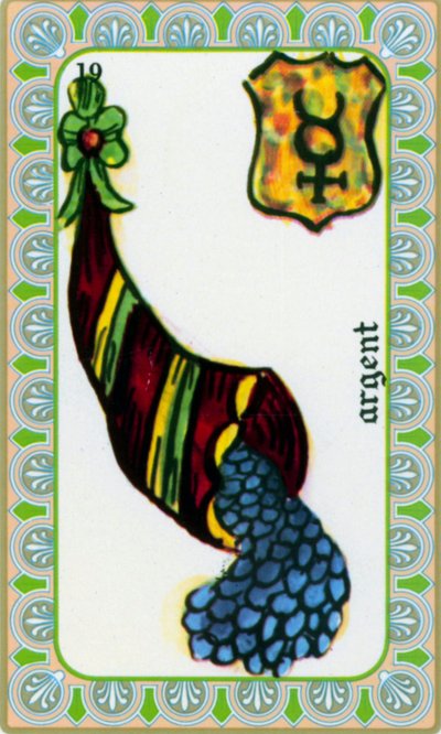 Tarot von Magus Belline gezeichnet von Edmond Billaudot ca. 1845 und an Hellseher Belline zur Neuauflage gegeben: Karte des Geldes: Münzen in einem Füllhorn von Edmond Billaudot