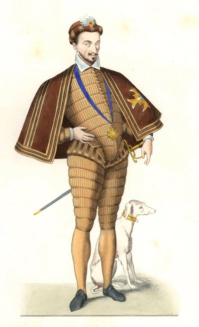 König Heinrich III. von Frankreich (1551-1589), mit dem Halsband des Ordens des Heiligen Geistes - Lithografie nach einer Illustration von Edmond Lechevallier-Chevignard (1825-1902), aus „Historische Kostüme des 16. Jahrhunderts“ von Edmond Lechevallier Chevignard
